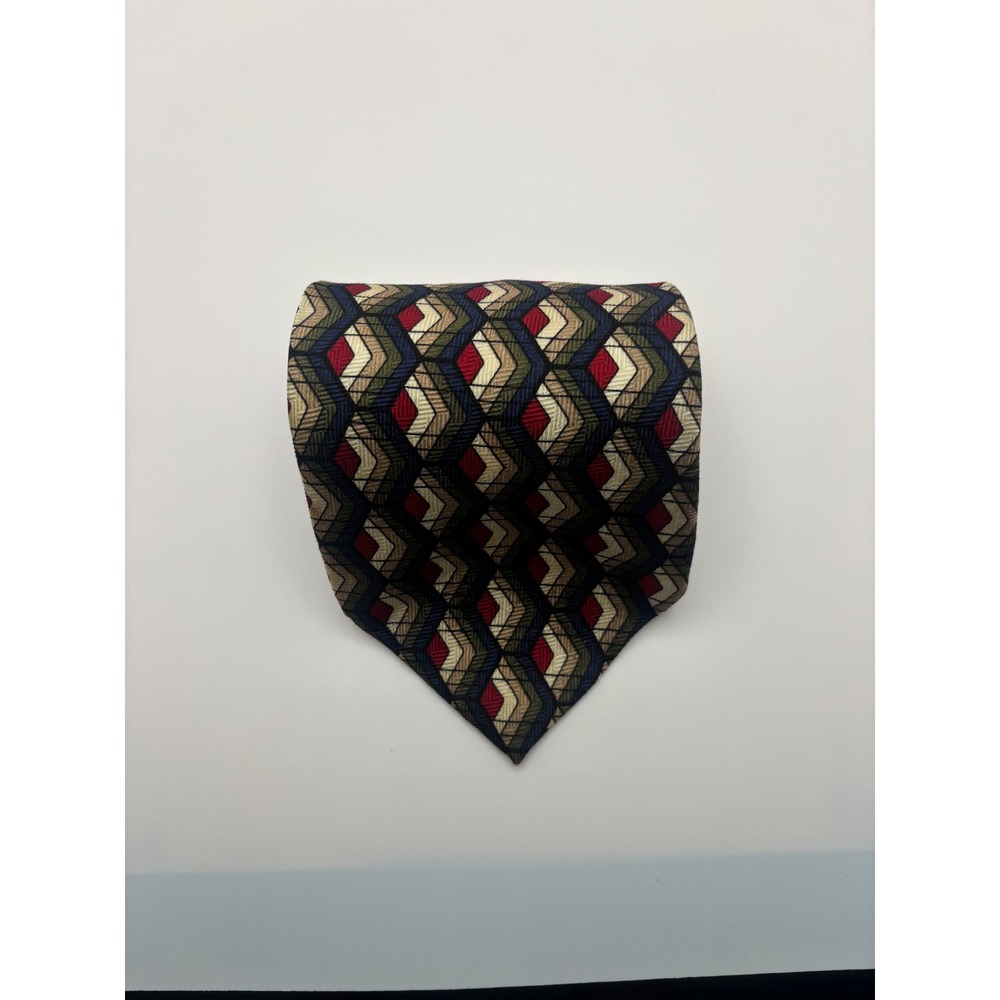 Ron Chereskin Mens Silk Necktie Geometric Chevron Navy Blue Green Burgundy 2258